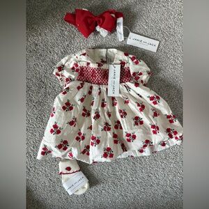 Janie and Jack rose bud baby girl dress, socks and matching bow NWT 0-3 mo